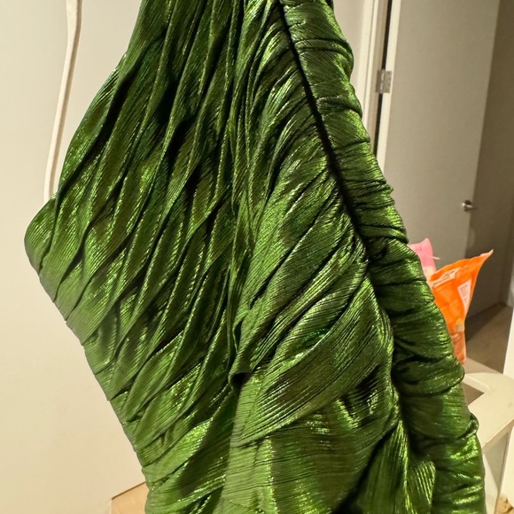 Retrofete Daniele Dress in Lime XS Metallic Green Foil Cocktail Dress W Train - Picture 10 of 14